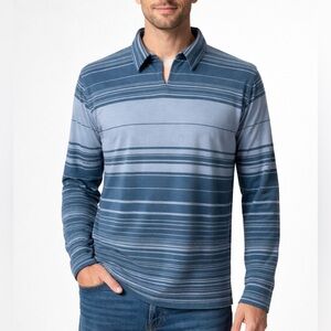 -Patagonia Collared V-Neck Pullover Dark and Light Blue Stripes L/S Men's Medium